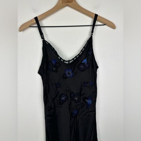 Poupette St Barth Black Satin Embroidered Floral Side Slit Maxi Resort Dress - Picture 2 of 10